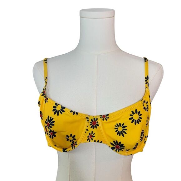 Revolve Solid & Striped Floral Bikini Top Swim Underwire Yellow Black Red Large - Picture 4 of 12